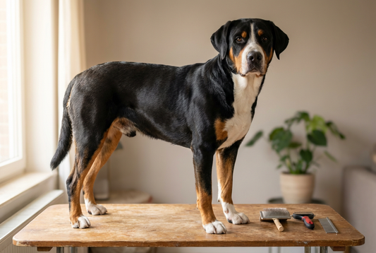 Greater Swiss Mountain Dog being groomed, showing the short tricolor (black, rust, white) double coat, large powerful Swiss mountain frame texture