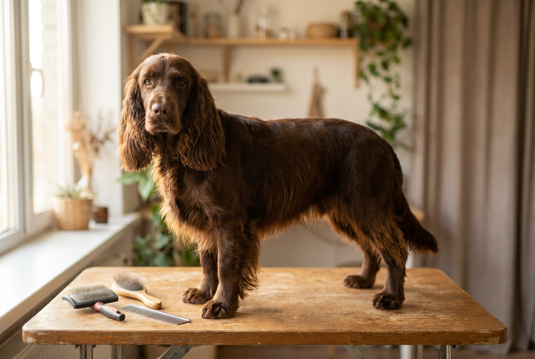Field Spaniel being groomed, showing the dense flat silky liver-brown coat with feathering on legs and ears texture
