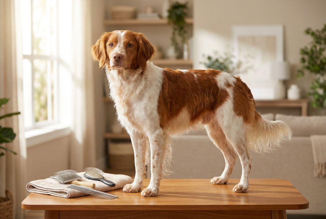 Brittany being groomed, showing the medium wavy orange-and-white coat with feathering texture