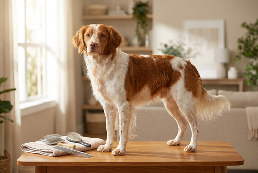 Brittany being groomed, showing the medium wavy orange-and-white coat with feathering texture