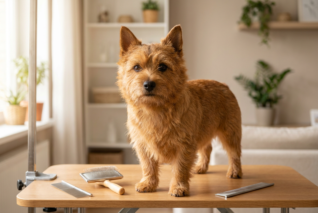 Norwich Terrier being groomed, showing the harsh wiry red coat with prick ears texture