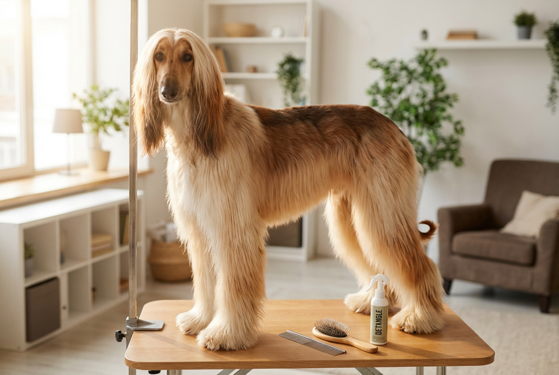 Afghan Hound being groomed, showing the long flowing silky cream-and-red with a saddle of shorter hair texture