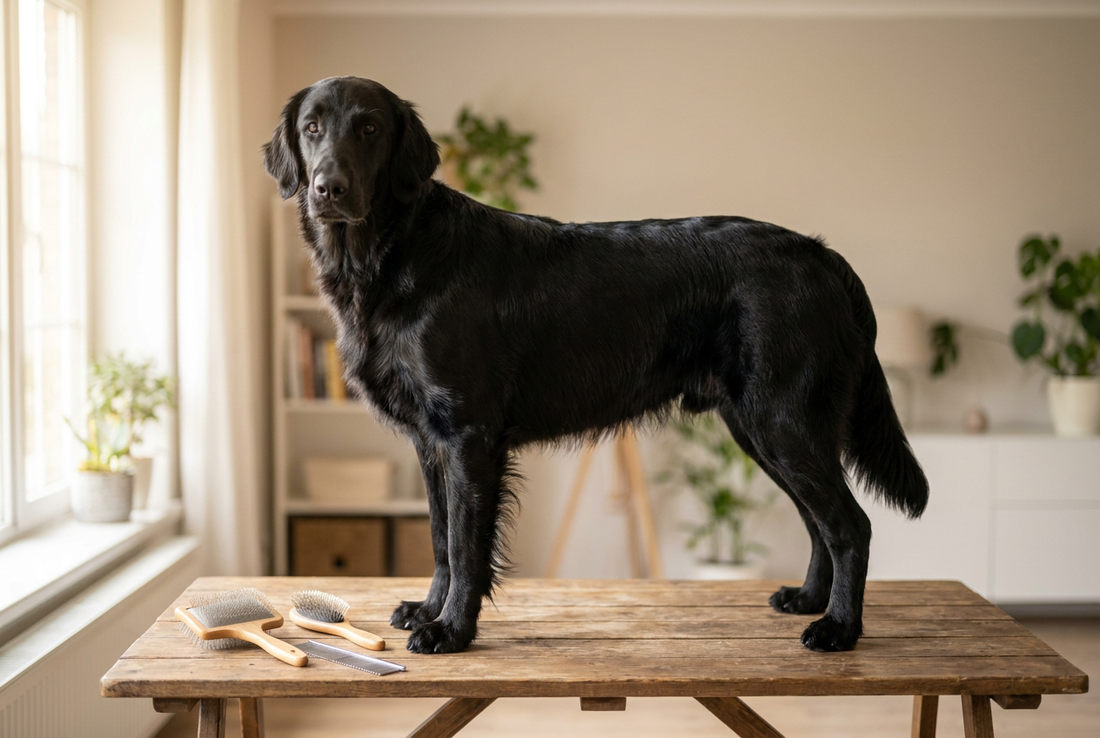 Flat-Coated Retriever being groomed, showing the flat dense glossy black coat with light feathering texture