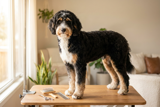 Bernedoodle being groomed, showing the wavy or curly tri-color coat (black with white chest markings and rust accents over the eyes and on the cheeks) texture