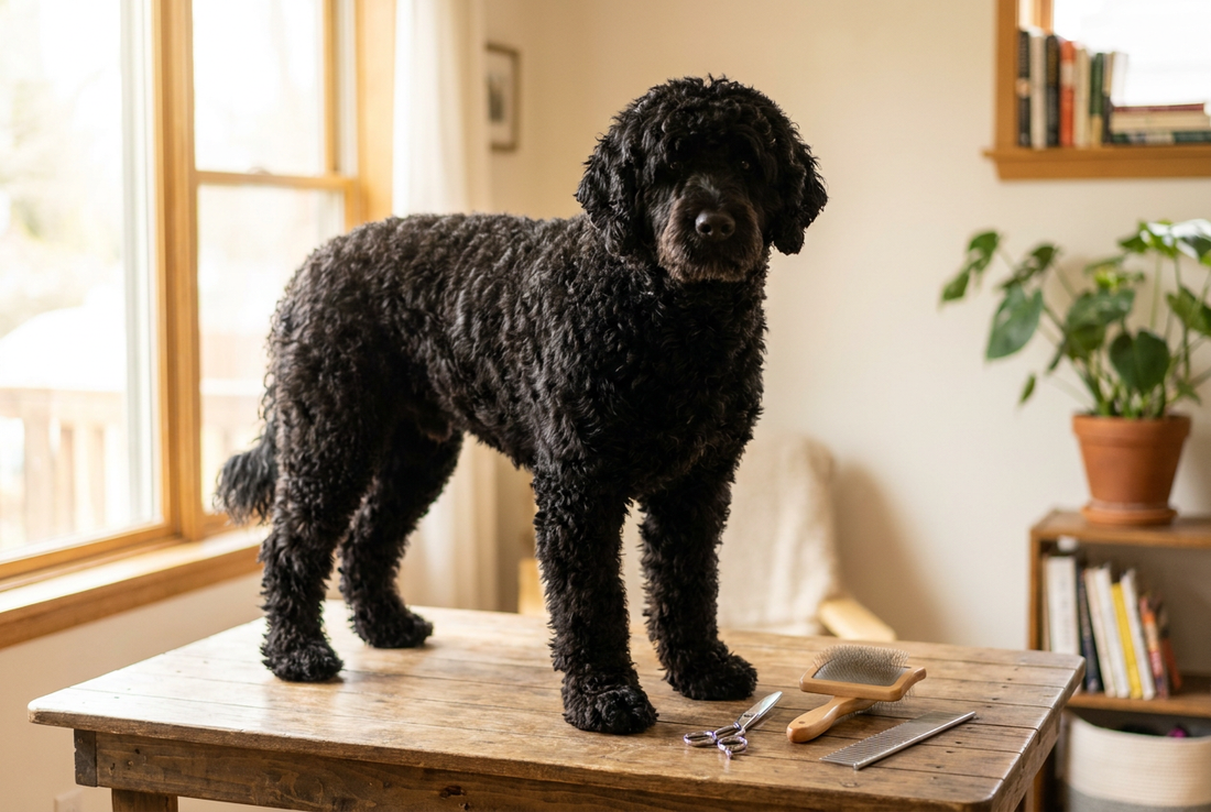 Portuguese Water Dog being groomed, showing the dense black tight-curled single-layer coat texture