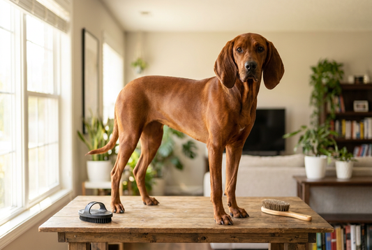 Redbone Coonhound being groomed, showing the short solid mahogany-red hound coat with long pendulous ears texture
