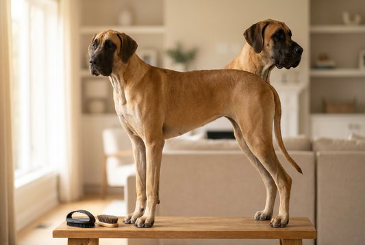 Great Dane being groomed, showing the short sleek fawn coat with a black mask, towering elegant frame texture