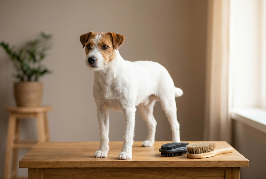 Parson Russell Terrier being groomed, showing the short white-with-tan coat (predominantly white body, athletic working terrier frame) texture