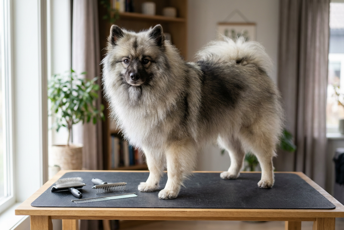 Keeshond being groomed, showing the thick gray-and-cream double coat with characteristic spectacle markings around the eyes texture