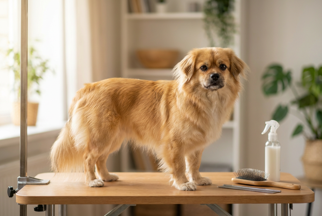 Tibetan Spaniel being groomed, showing the medium silky golden double coat with feathered tail, flat-faced texture