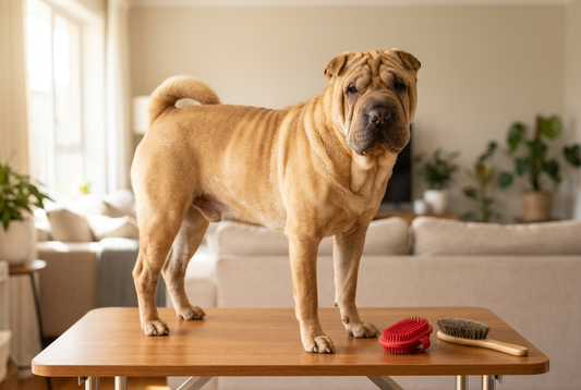 Chinese Shar-Pei being groomed, showing the short bristly fawn coat with deep characteristic loose wrinkles and hippopotamus-like muzzle texture