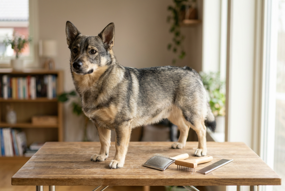 Swedish Vallhund being groomed, showing the short gray-and-tan double coat, low-bodied corgi-like Spitz frame texture