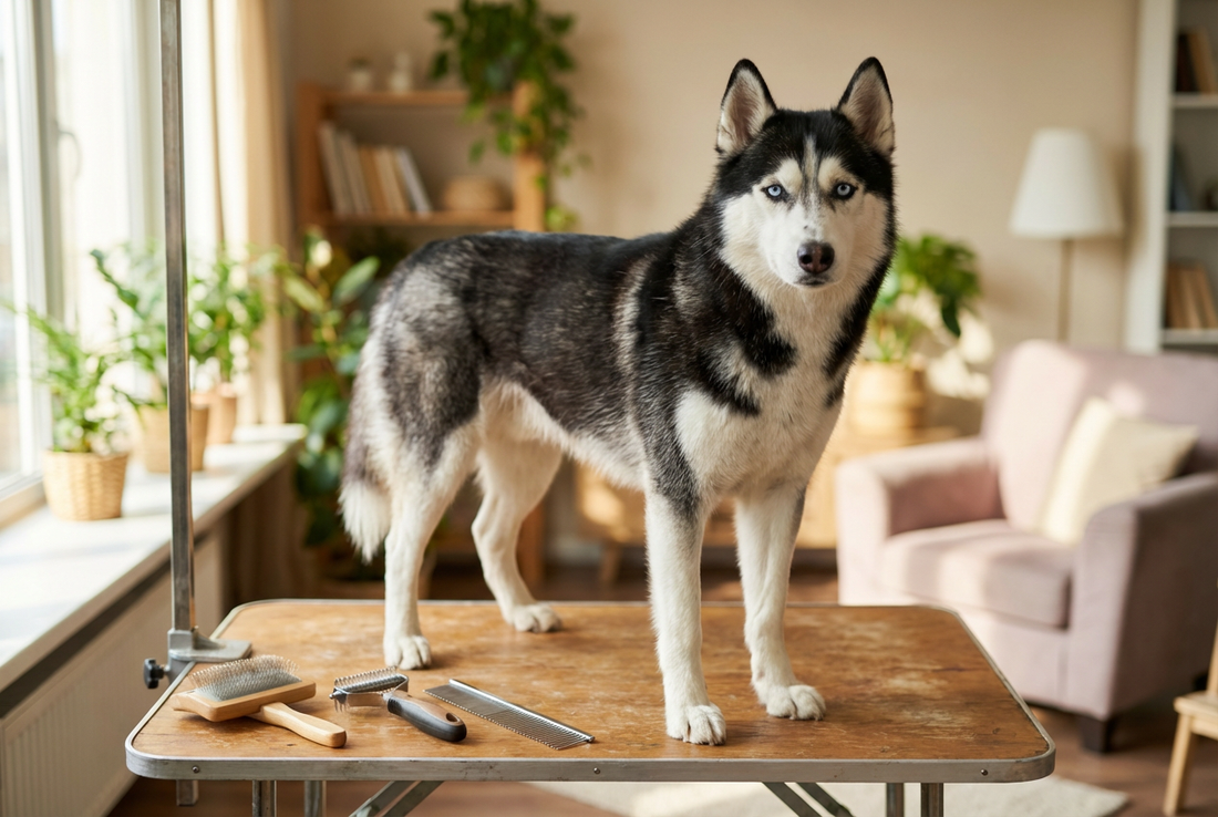 Siberian Husky being groomed, showing the thick black-and-white double coat with blue or bicolor eyes, wolf-like profile texture