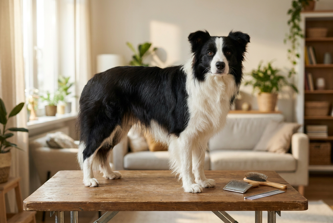 Border Collie being groomed, showing the medium-length black-and-white double coat with feathering texture