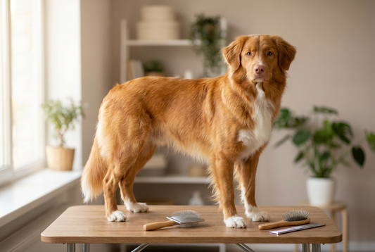 Nova Scotia Duck Tolling Retriever being groomed, showing the medium-length golden-red double coat with white markings, fox-like build texture