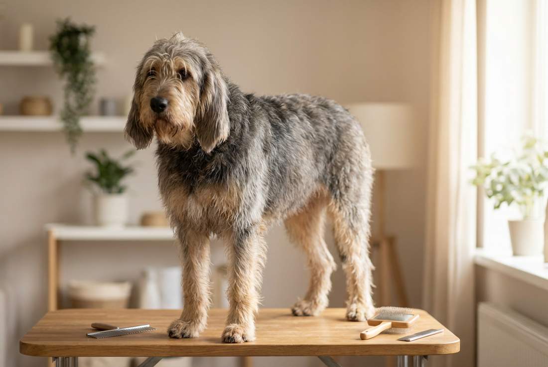 Otterhound being groomed, showing the rough harsh wiry grizzle coat, large bear-like build, long droopy ears texture