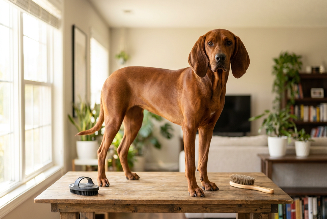 Redbone Coonhound being groomed, showing the short solid mahogany-red hound coat with long pendulous ears texture