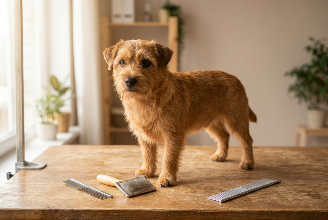 Norfolk Terrier being groomed, showing the harsh wiry red coat with folded drop ears texture