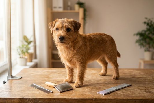 Norfolk Terrier being groomed, showing the harsh wiry red coat with folded drop ears texture