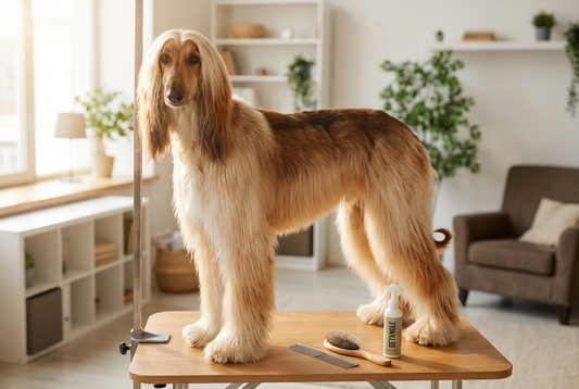 Afghan Hound being groomed, showing the long flowing silky cream-and-red with a saddle of shorter hair texture