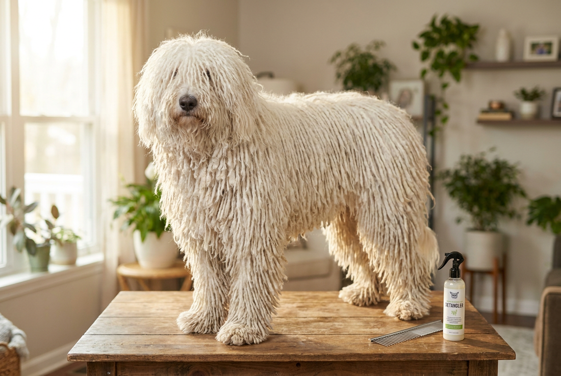 Komondor being groomed, showing the long white corded mop-like coat texture