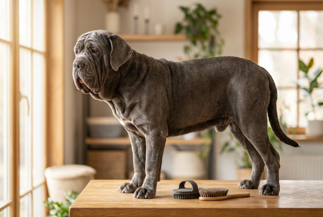 Neapolitan Mastiff being groomed, showing the short dense blue-gray coat with abundance of loose wrinkled skin texture