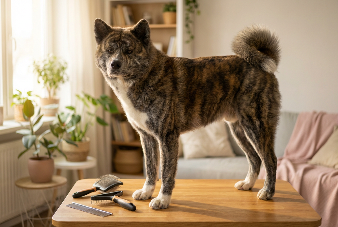 Akita being groomed, showing the thick double coat in red, white, brindle, or pinto with a curled tail texture