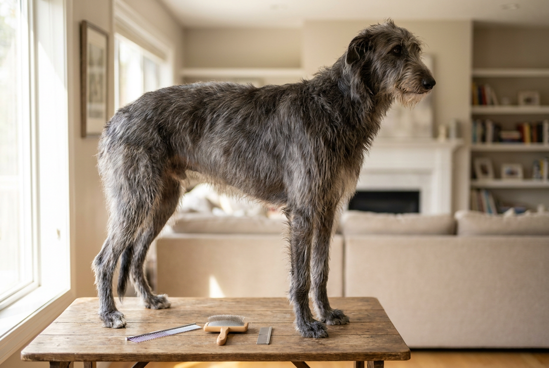 Scottish Deerhound being groomed, showing the harsh wiry blue-gray coat, towering Greyhound-like sighthound silhouette texture