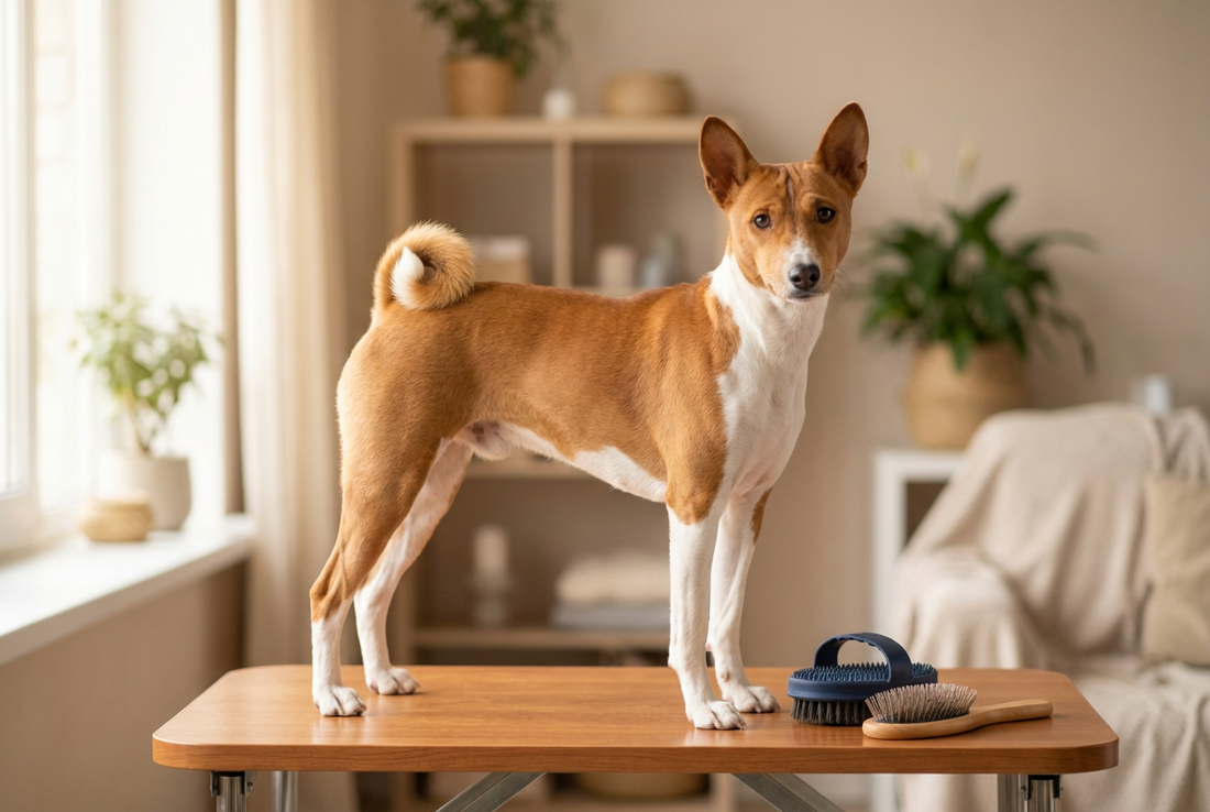 Basenji being groomed, showing the short fine red-and-white coat, tightly curled tail texture