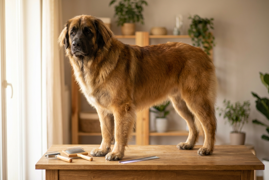 Leonberger being groomed, showing the long lion-like golden-mahogany double coat with dark mask, large gentle giant frame texture
