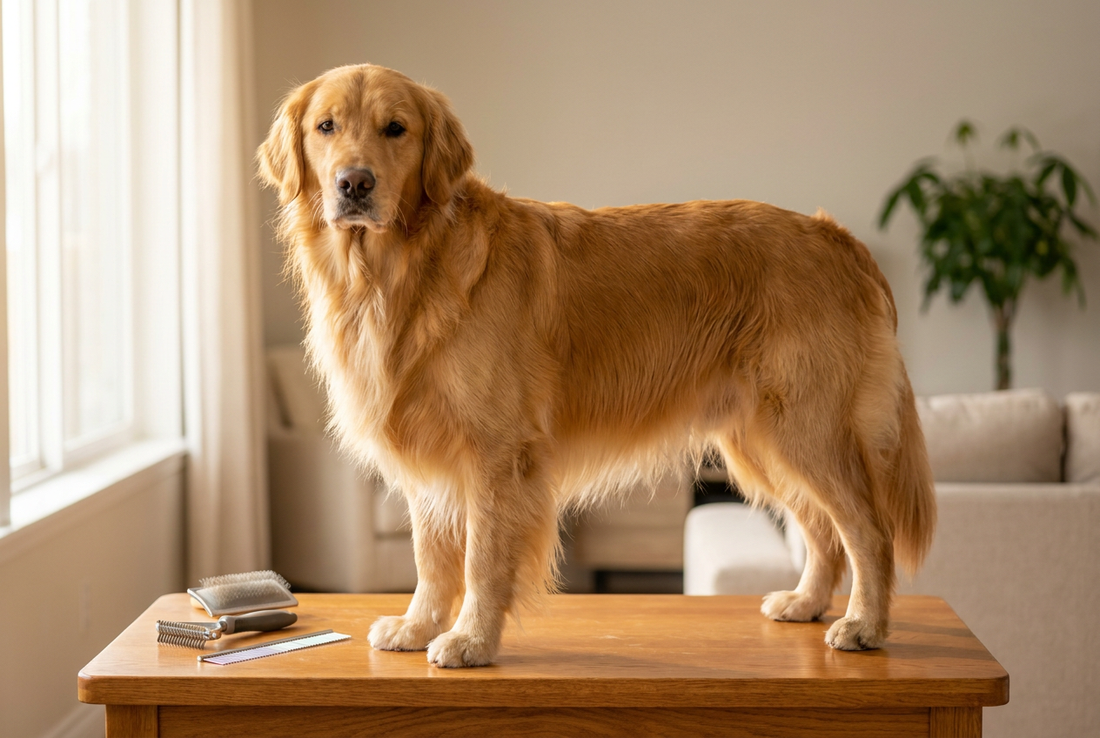 Golden Retriever being groomed, showing the rich golden long flowing double coat with feathering texture