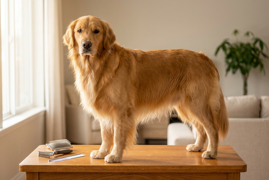 Golden Retriever being groomed, showing the rich golden long flowing double coat with feathering texture
