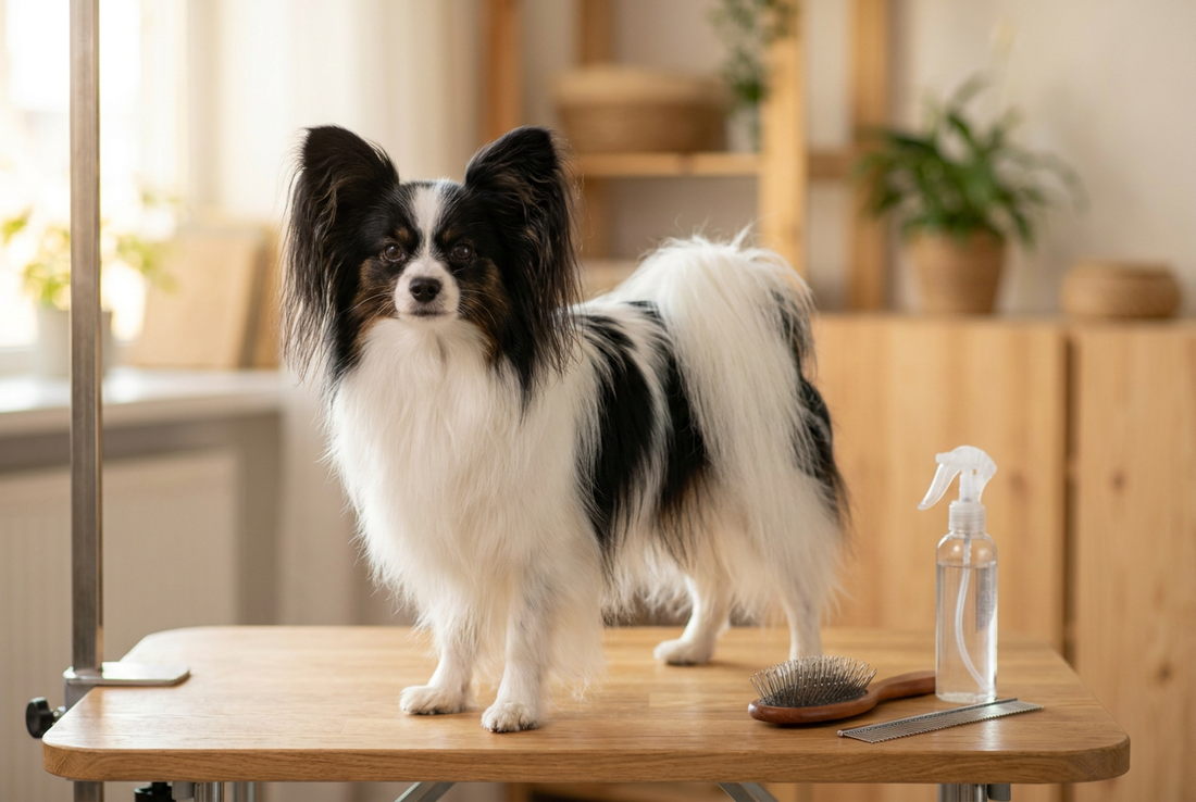 Papillon being groomed, showing the long silky black-and-white coat with butterfly-shaped fringed erect ears texture