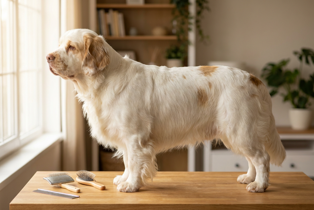 Clumber Spaniel being groomed, showing the dense flat silky white coat with lemon markings, heavy long-bodied build texture