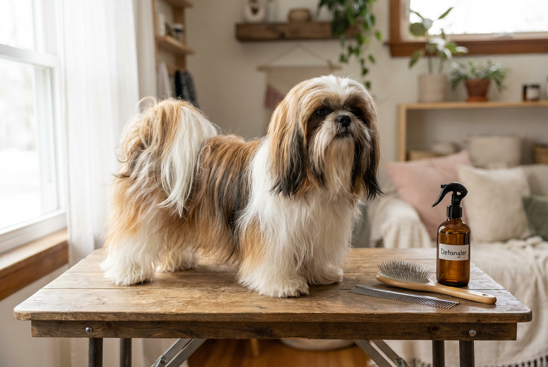 Shih Tzu being groomed, showing the long flowing silky multi-color double coat (gold, white, brindle) texture