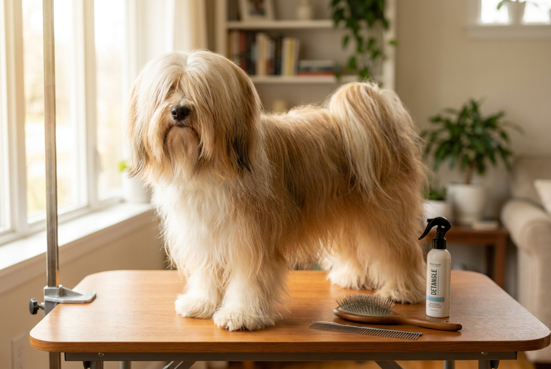 Tibetan Terrier being groomed, showing the long flowing silky double coat (white, gold, or black) covering the eyes texture