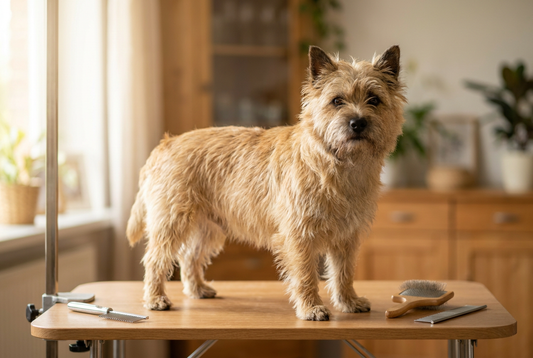 Cairn Terrier being groomed, showing the shaggy harsh wiry wheaten coat (Toto-style) texture