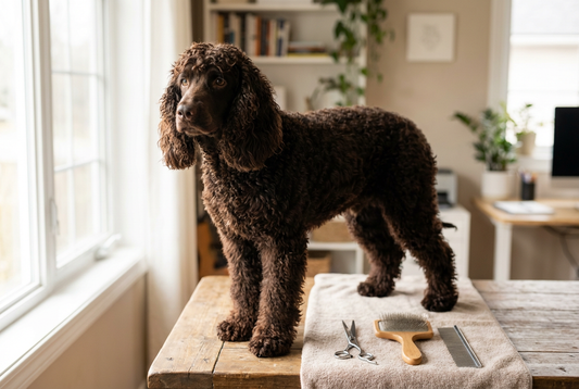 Irish Water Spaniel being groomed, showing the dense crisp tight liver-colored curls covering the body texture