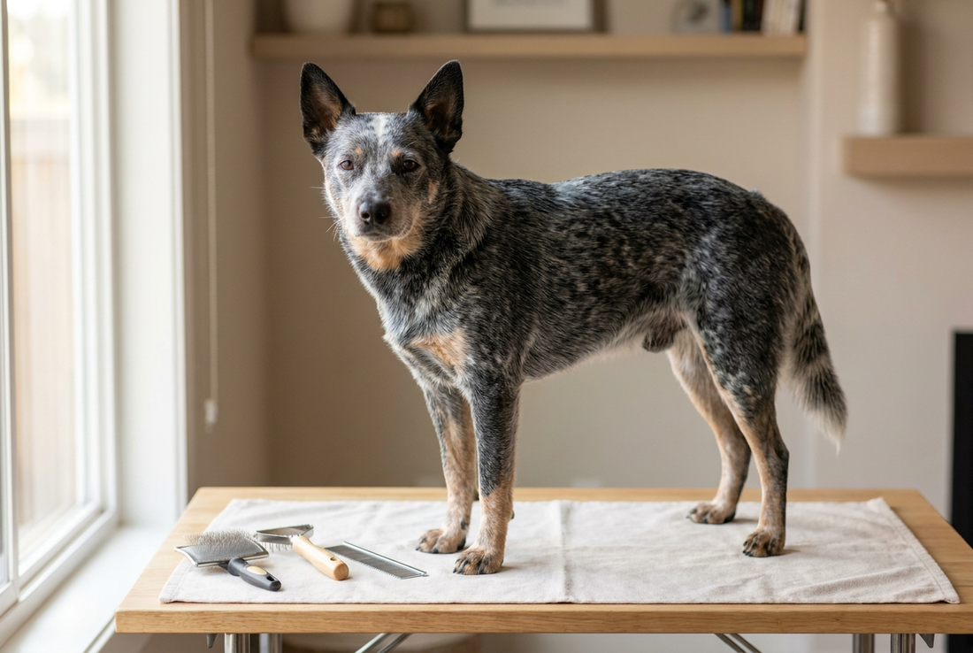 Australian Cattle Dog being groomed, showing the short blue-mottled or red-speckled double coat texture