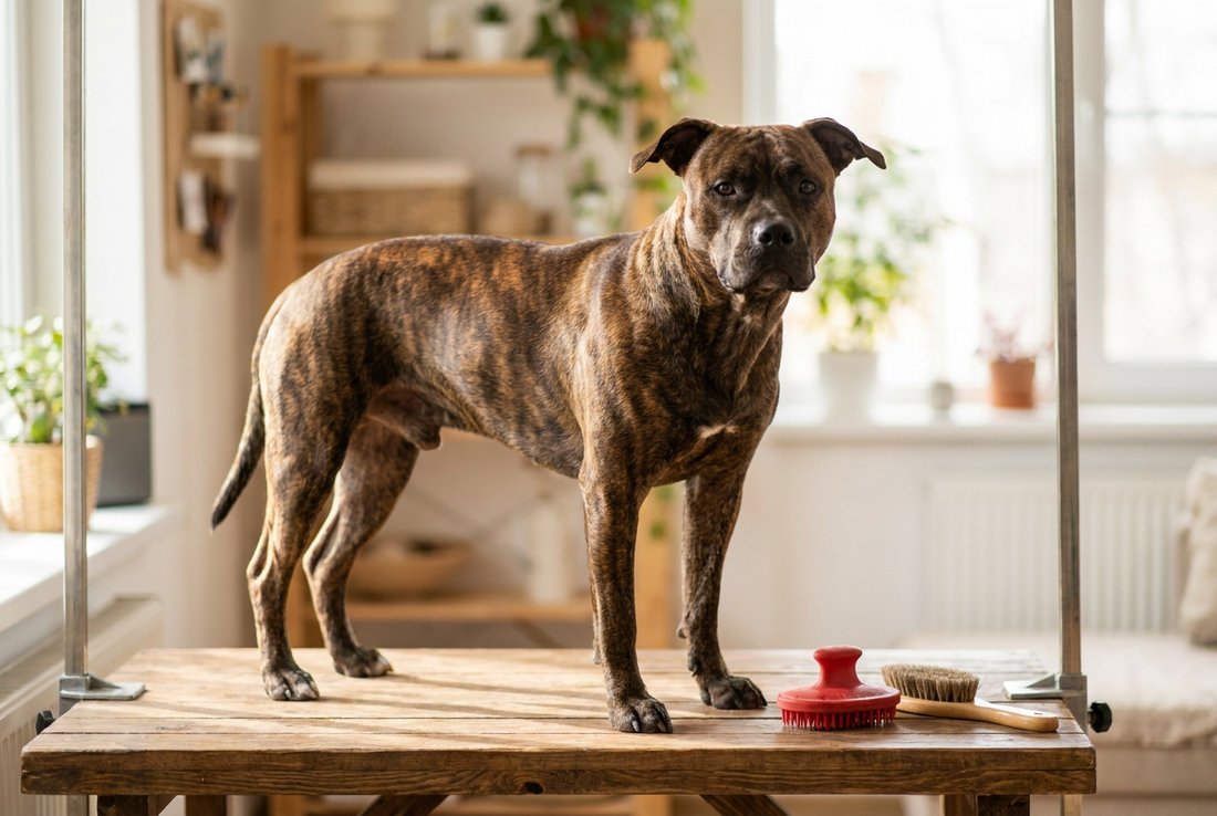 American Staffordshire Terrier being groomed, showing the short glossy brindle or fawn with a powerful muscular frame texture