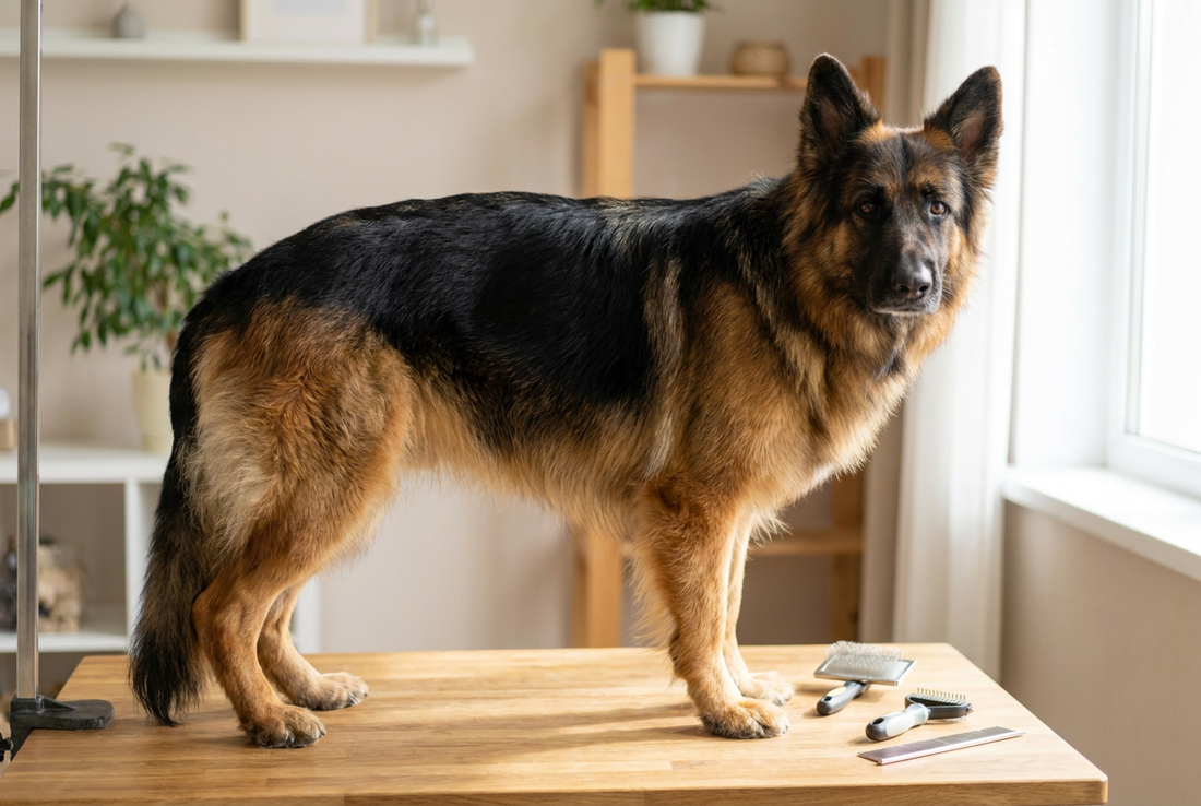 German Shepherd Dog being groomed, showing the medium black-and-tan saddle pattern double coat texture