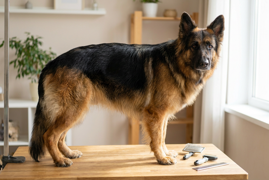 German Shepherd Dog being groomed, showing the medium black-and-tan saddle pattern double coat texture