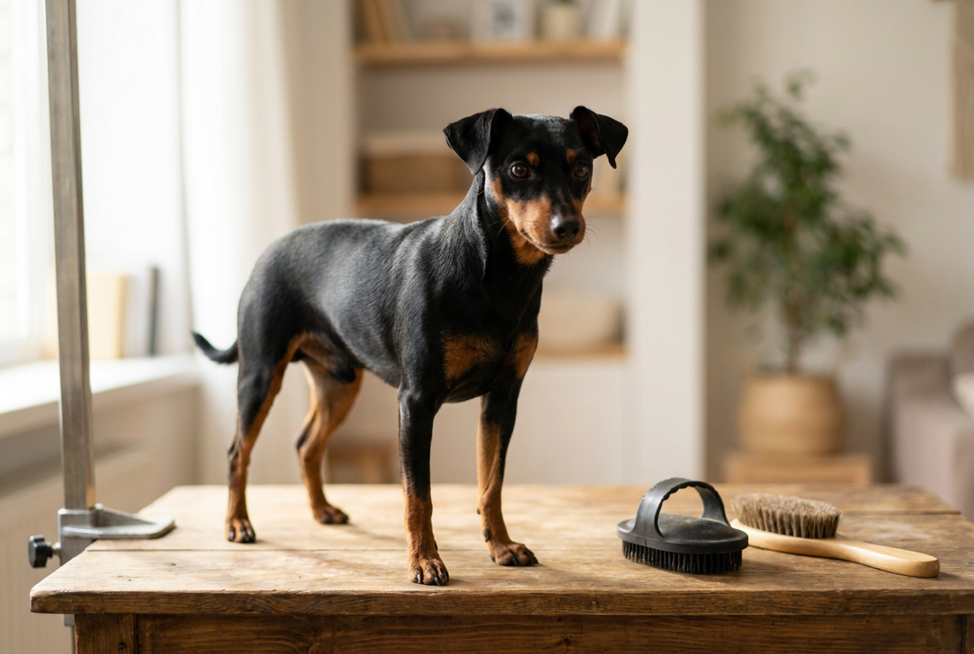 Miniature Pinscher being groomed, showing the short sleek black-and-rust coat with hackney-trotting toy frame texture