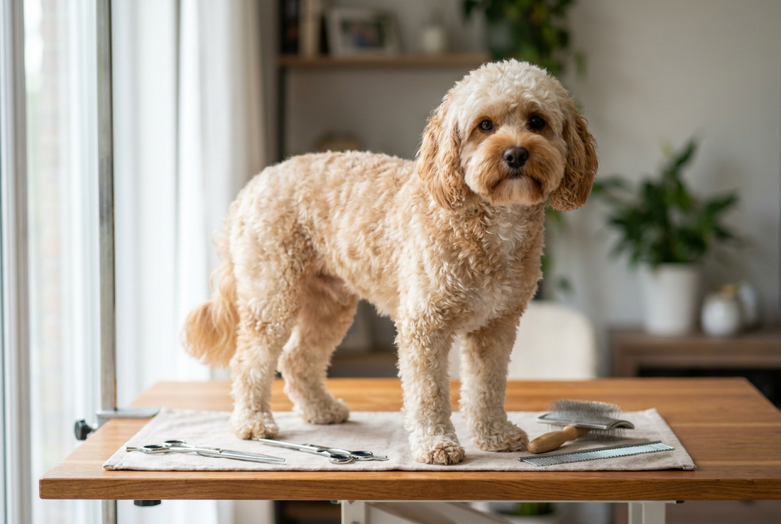 Cavapoo being groomed, showing the wavy or curly cream-and-apricot coat with a rounded teddy-bear muzzle and large dark eyes texture