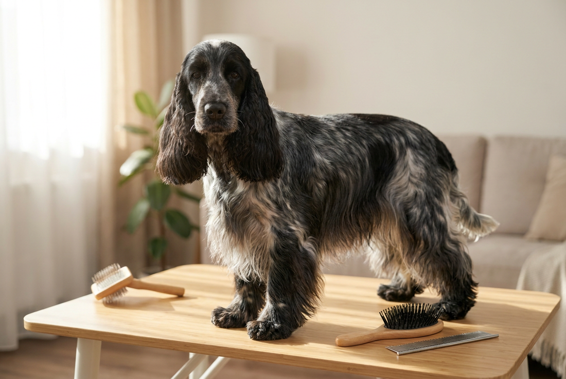 English Cocker Spaniel being groomed, showing the silky flat blue roan coat with long feathered ears texture