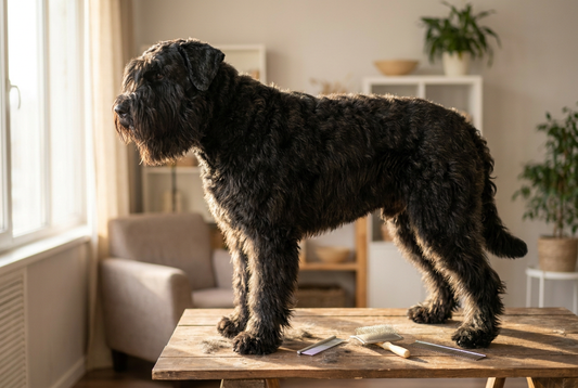 Bouvier des Flandres being groomed, showing the harsh wiry tousled black coat with prominent beard and bushy eyebrows, large athletic frame texture