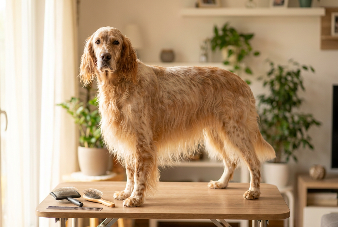 English Setter being groomed, showing the long silky orange-belton (white with orange ticking) coat with feathering texture