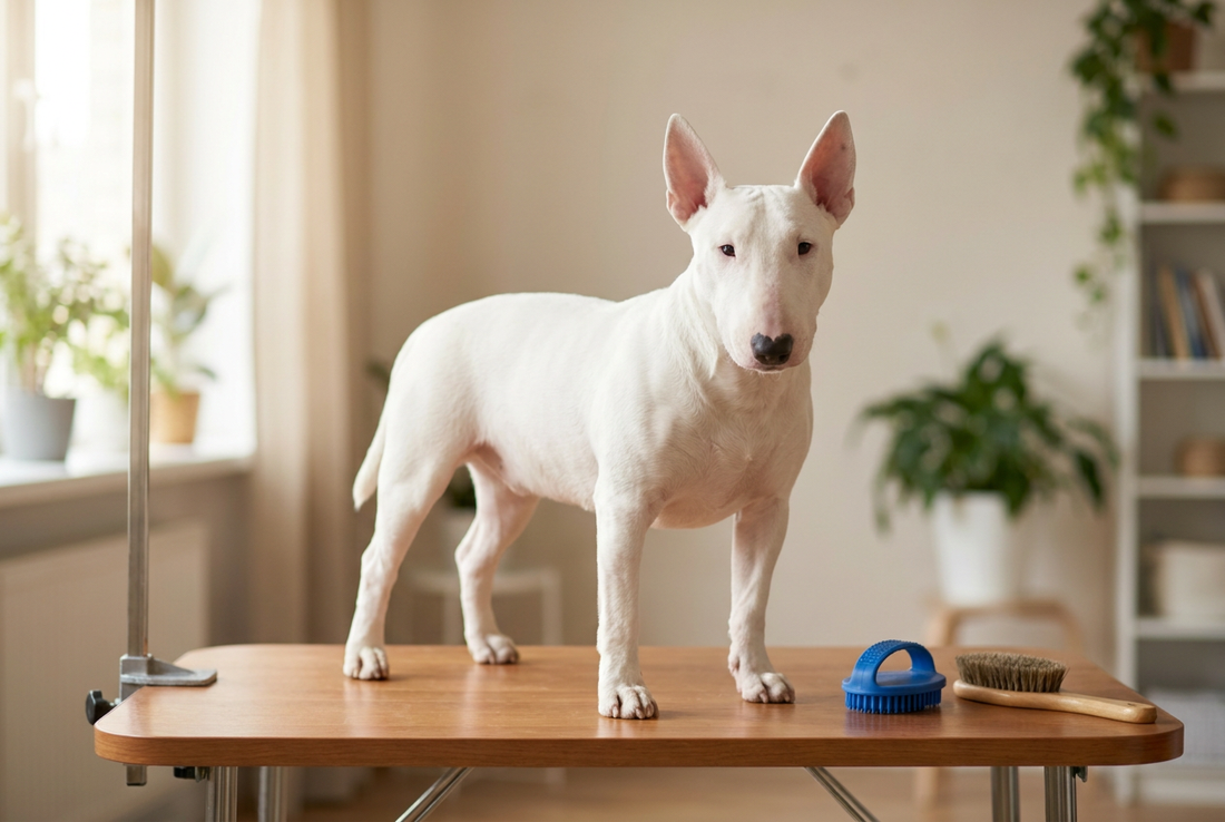 Miniature Bull Terrier being groomed, showing the short white coat with the iconic egg-shaped head profile (smaller than standard Bull Terrier) texture