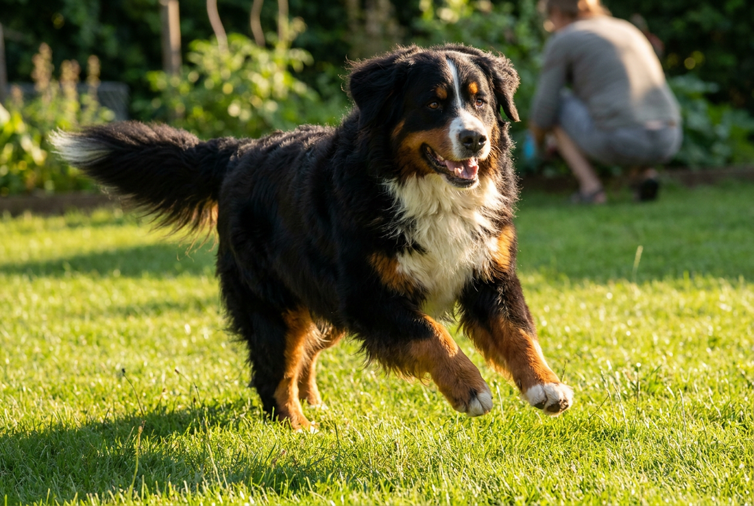 Adult Bernese Mountain Dog relaxing at home in a family setting