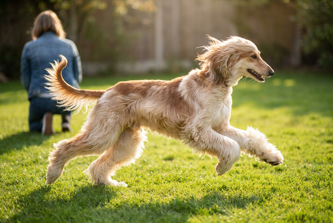 Adult Afghan Hound relaxing at home in a family setting